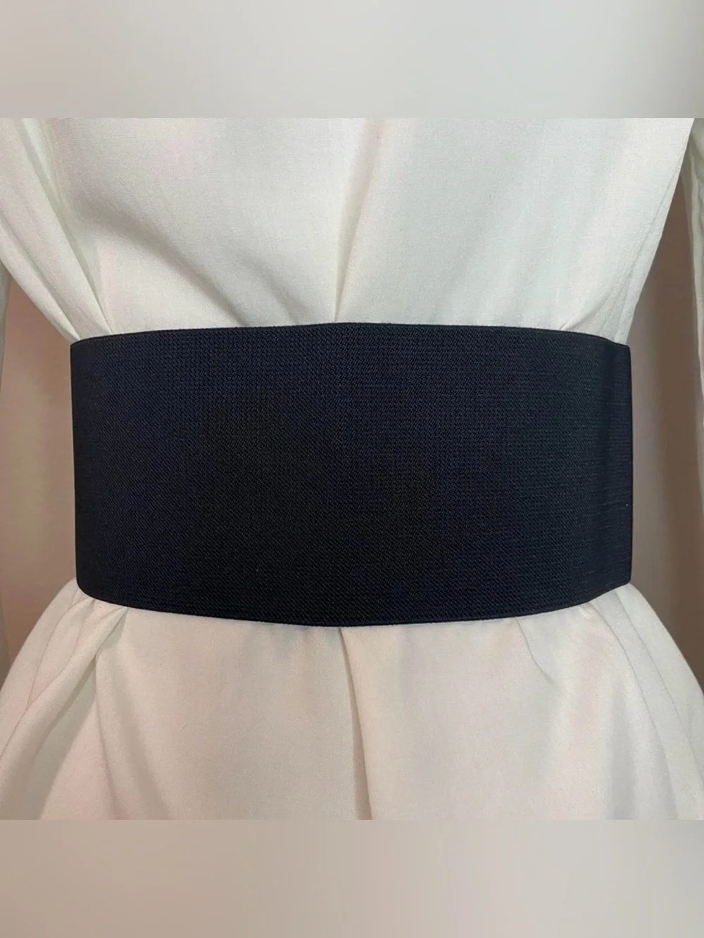 Black wide elastic waistband belt with black satin bow